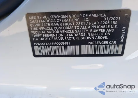 2021 Volkswagen Passat 2.0T R-Line z USA, uszkodzony, nr VIN 1VWMA7A38MC005481